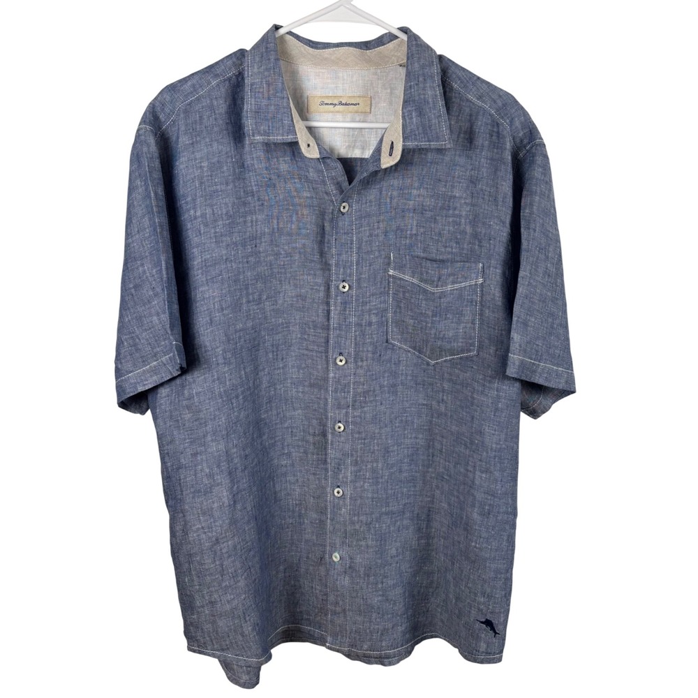 Tommy Bahama 100% Linen Short-Sleeve Shirt Men's L Blue Marlin Coastal Tropical